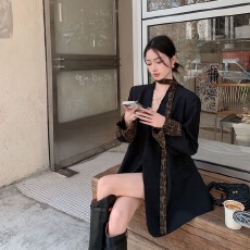 批发豹纹飘带翻边袖无领黑色西装2025女春季高级感宽松洋气<b class='q'>休闲</b>外套