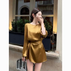 批发法式高端气质出场高级感穿搭女2026秋季新款绑带收腰长袖连衣裙