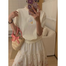 批发十三行2026春夏新款冰淇淋卡通刺绣短袖针织衫女<b class='q'>甜美</b>减龄毛衣上衣