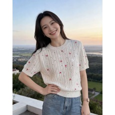 批发法式玫瑰碎花刺绣圆领针织短袖T恤女2026春夏新款减龄百搭上衣