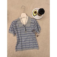 批发春季新款韩系法式复古条纹Polo领文艺风短袖针织衫