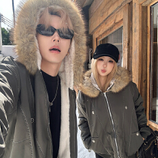 实拍美式情侣棉服冬季大毛领工装派克服加厚仿兔毛男女同款外套