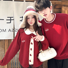 批发实拍情侣装毛衣秋冬2025新年针织假两件衫长袖上衣男女韩版法式潮