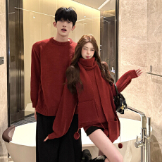 批发实拍情侣装毛衣套装秋冬2025新年毛针织衫长袖上衣男女韩版法式潮