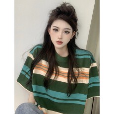 批发特<b class='q'>大码</b>300斤美式复古设计感条纹短袖T恤女夏季胖MM休闲百搭上衣潮