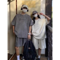 批发特大码300斤情侣装美式复古运动休闲<b class='q'>套装</b>超火潮牌短袖短裤两件套