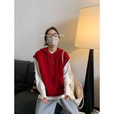 批发实价大码300斤简约大帽子美利奴羊毛针织连帽马甲背心外穿女