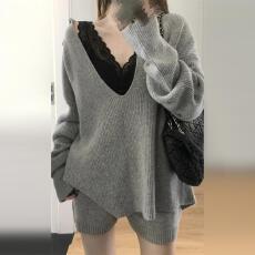 批发实价<b class='q'>大码</b>300斤秋季灰色针织毛衣套装简约气质直筒<b class='q'>短裤</b>两件套