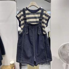 批发实价大码300斤<b class='q'>牛仔</b><b class='q'>背带裤</b>夏季宽松短袖连体阔腿短裤两件套女