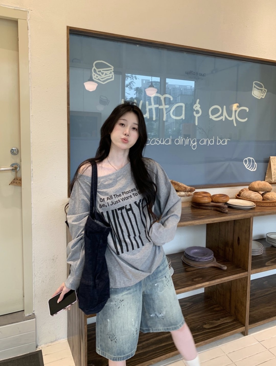 실사 오프숄더 전후 프린트 긴팔 티셔츠 양면 착용 디자인 루즈핏 심장 기계 풀오버 맨위 여성