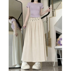 实拍米白色A字半身裙女春季薄款裙子假日复古低腰长裙