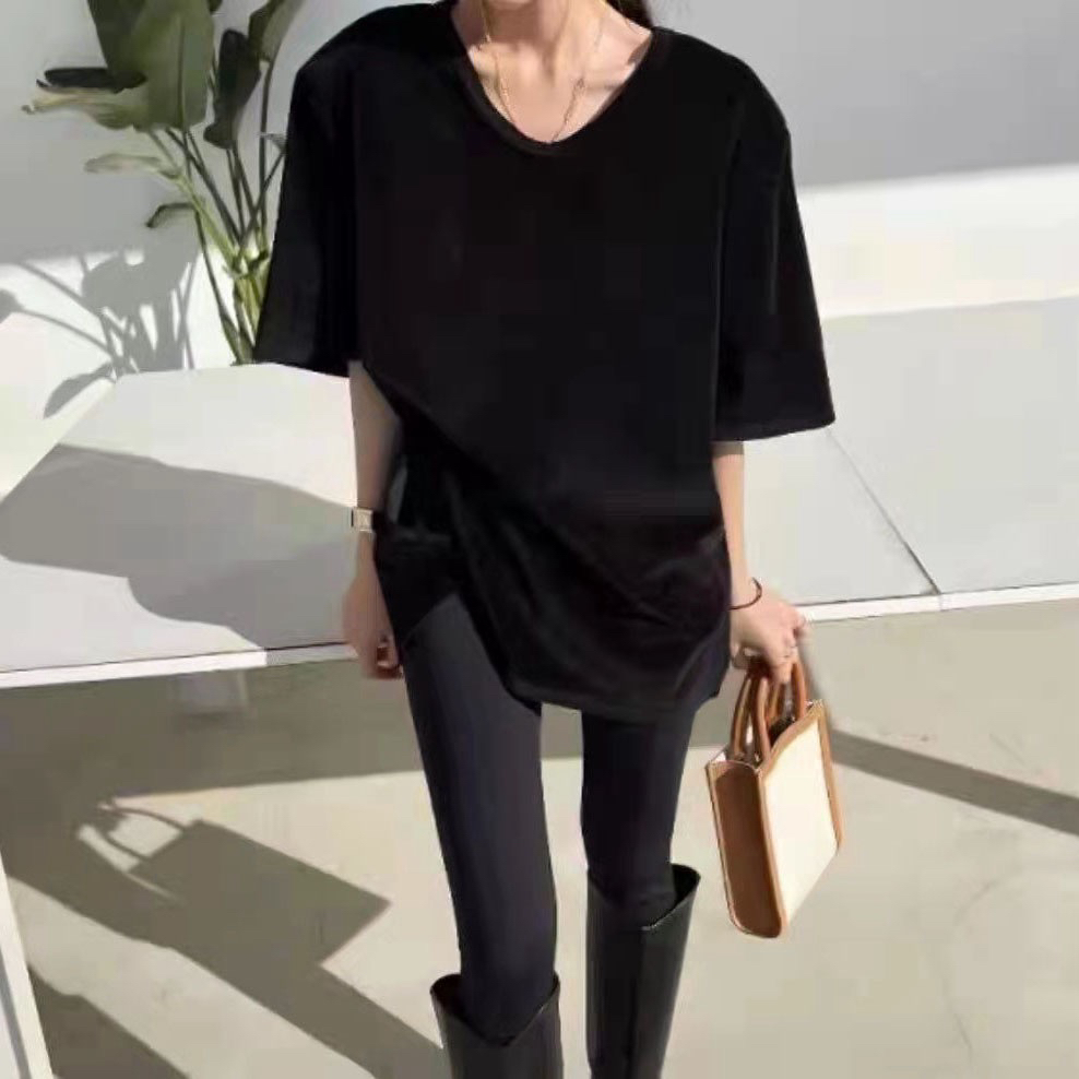 동대문 V넥 어깨 패드 트임 루즈핏 만나는 벨벳 반팔 티셔츠 맨위 여성