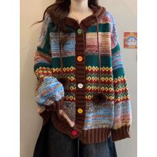 批发大码女装复古撞色条纹连帽毛衣<b class='q'>外套</b>秋季新款微胖mm<b class='q'>显瘦</b>针织衫上衣