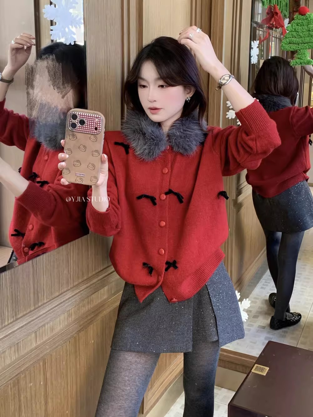 한국 스타일 털 모피 칼라 나비 매듭 스웨터 오픈 가디건 여성 코트 가을 겨울철 새로운 연령 감소 두꺼운 다용도 니트 맨위