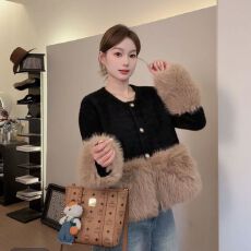批发秋冬黑色名媛气质小众韩版拼色仿狐狸毛水<b class='q'>貂绒</b>环保毛<b class='q'>外套</b>女2026