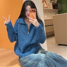 批发26秋冬款软糯长毛花纱翻领<b class='q'>毛衣</b>外套女慵懒宽松加厚双拉链针织开衫
