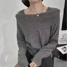 批发法式温柔气质<b class='q'>一字肩</b>针织衫女秋冬设计感小众修身辣妹内搭长袖<b class='q'>上衣</b>