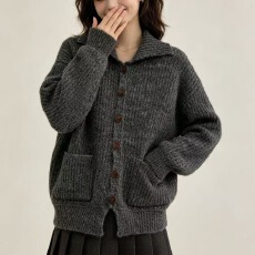 批发<b class='q'>韩版</b>坑条翻领毛衣外套女针织衫慵懒风宽松加厚针织开衫复古口袋