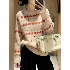 批发提花圆领费尔岛毛衣女<b class='q'>冬</b>季内搭可外穿软糯慵懒风微胖巨好看的上衣