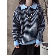 批发美式撞色条纹polo领毛衣男女秋冬慵懒打底针织衫正肩<b class='q'>情侣</b><b class='q'>内</b>搭上衣