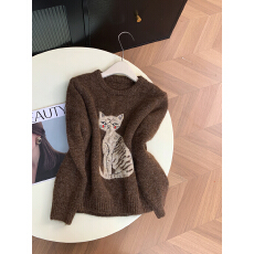 批发猫咪提花混纺针织衫上衣女新款慵懒圆领毛衣