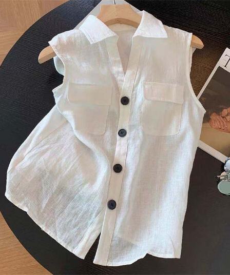 화이트 오래된 돈 바람 품격 미니멀리즘 POLO 칼라 민소매 여성 셔츠 여름 얇은 스타일 루즈핏 싱글 줄 버튼 조끼 맨위