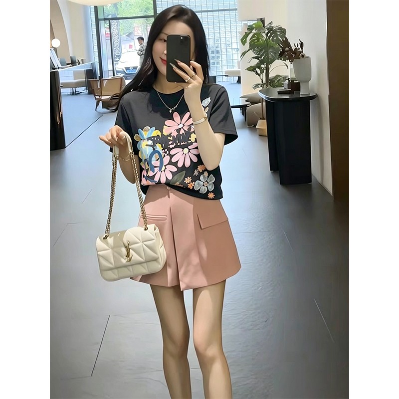 夏季穿搭一整套女新款时尚感宽松印花短袖显瘦减龄短裙两件套 服裝批發女裝批發服飾貨源
