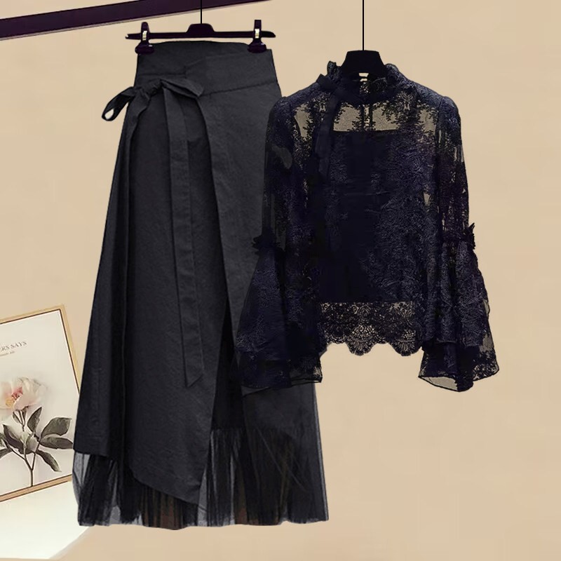 高级感一整套穿搭春季套装女装吊带蕾丝衫工装半身裙两件套 服裝批發女裝批發服飾貨源