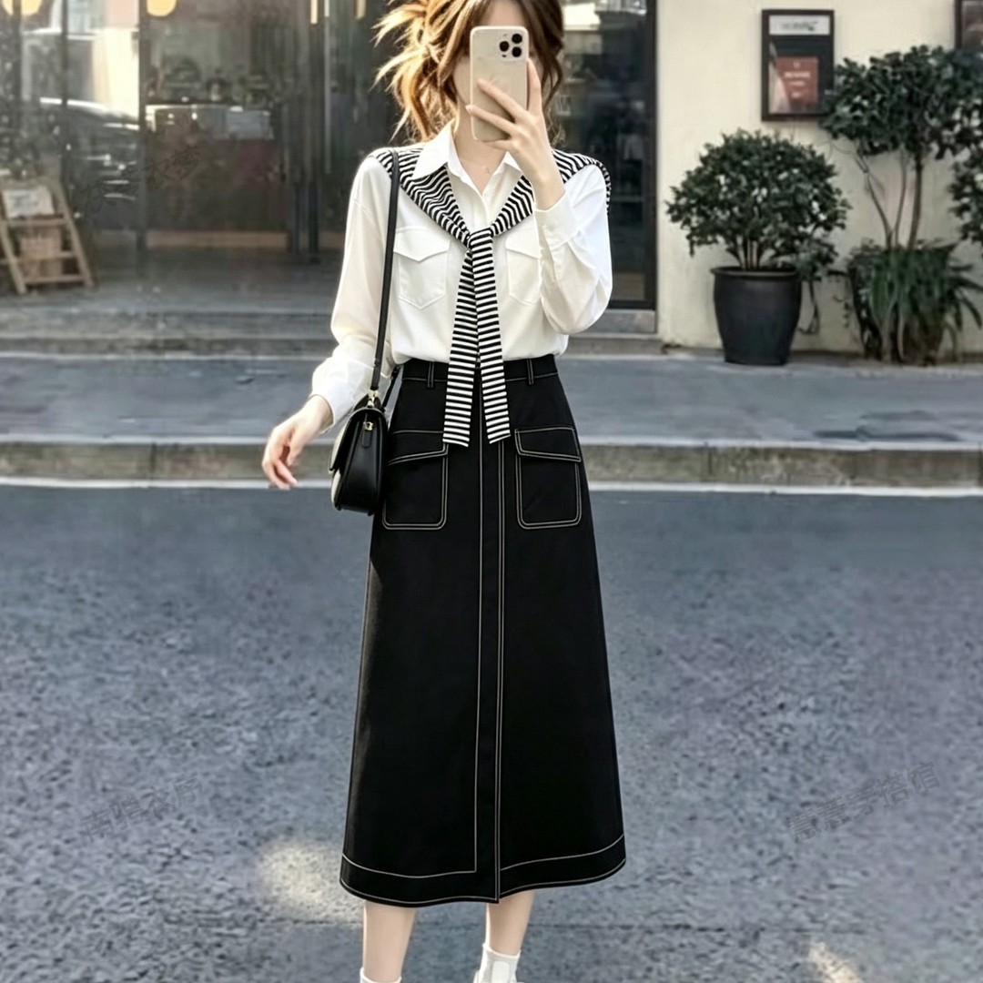 复古条纹披肩Polo领上衣女装搭配高腰牛仔半身裙洋气两件套显瘦 服裝批發女裝批發服飾貨源