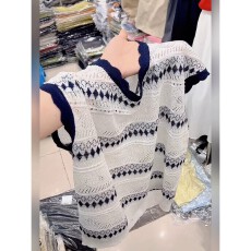批发大码夏季复古菱形镂空针织背心女设计感宽松显瘦百搭无袖<b class='q'>t</b><b class='q'>恤</b>上衣