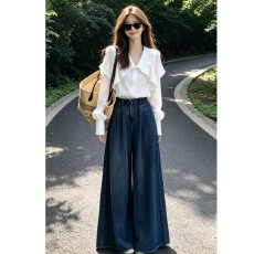批发大码初<b class='q'>夏</b>上新轻熟风套装女气质减龄衬衫上衣高腰显瘦牛仔裤两件套