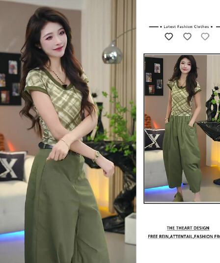 디자인 센스 캐주얼 운동 바람 착용 가져 가라. 세트 패션 캐주얼 연령 감소 반팔 맨위 9부 바지 투피스 세트 여성 의류