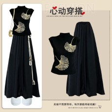 批发2026年国风高级感短袖针织衫女<b class='q'>夏</b>季显瘦宽松百搭裤裙两件套