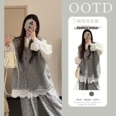 批发2026<b class='q'>春</b>季新款氛围感穿搭宽松灰色马甲白色蕾丝衬衫搭阔腿裤