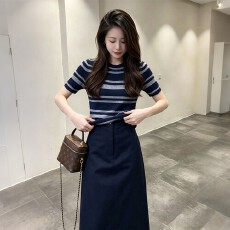 批发单/套装夏季<b class='q'>时尚</b>穿搭一整套条纹针织短袖高腰显瘦半身长裙两件套
