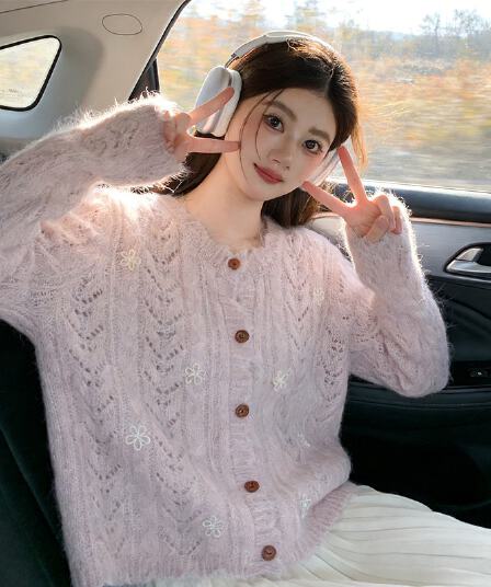 느긋한 라운드 넥 홀로우 아웃 레이스 니트 오픈 가디건 여성 조기 봄 2026 새로운 캐주얼 달콤함 연령 감소 스웨터 코트