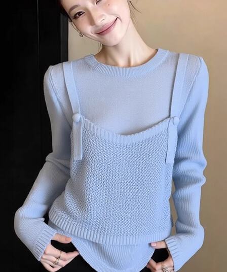 2026 새로운 봄 패션 디자인 센스 몸매 가꾸기 슬림해 보이는 니트 스웨터 페이크 레이어드 빅 사이즈 다용도 외국 가스 연령 감소 맨위