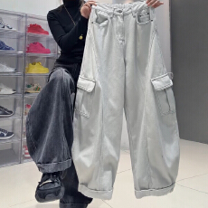 批发大码加绒加厚弯刀牛仔裤女秋冬季工装裤子胖mm显瘦梨型身材阔腿裤