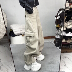 批发大码加绒加厚弯刀牛仔裤女秋冬季工装裤子胖mm显瘦宽松直筒阔腿裤