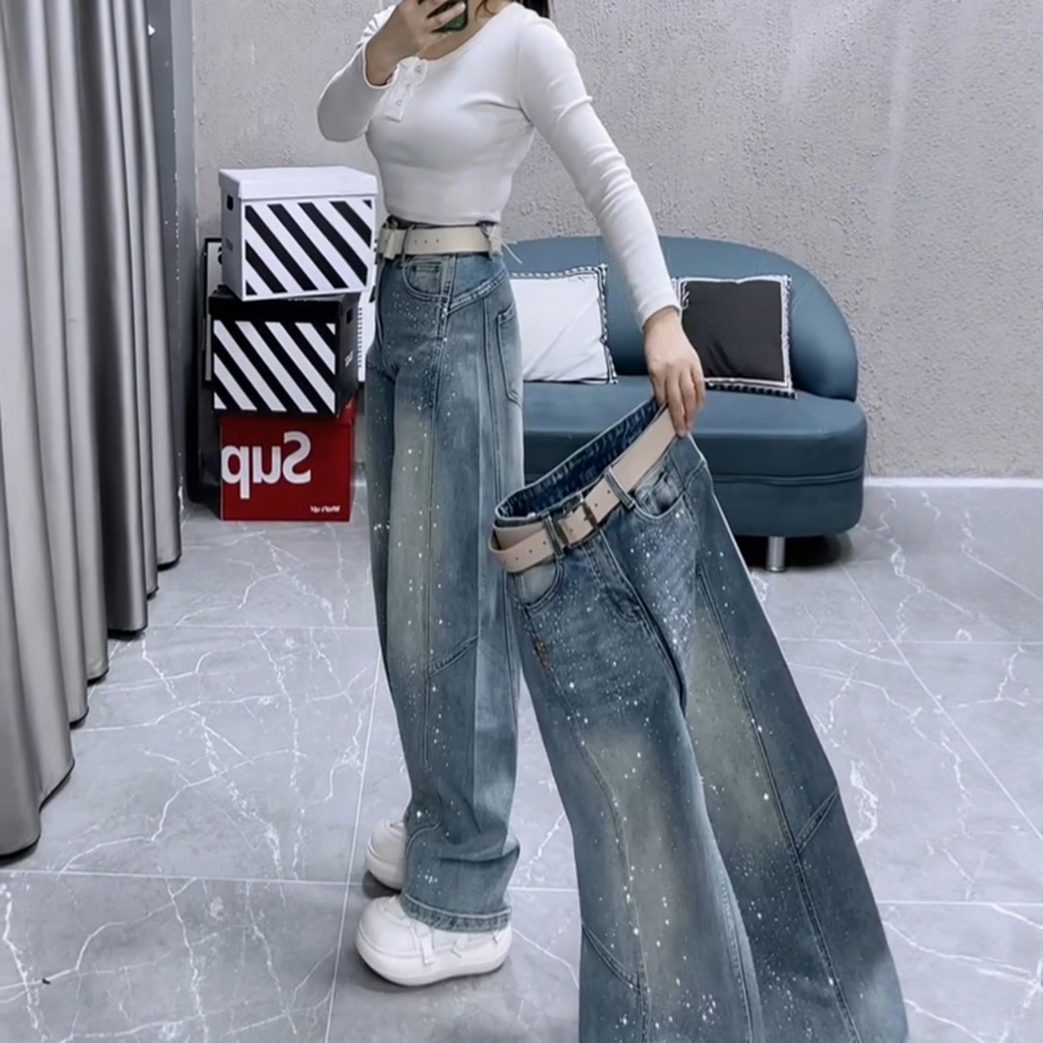 春季新款欧货重工烫钻牛仔裤2026大码女装高腰宽松显瘦百搭直筒裤