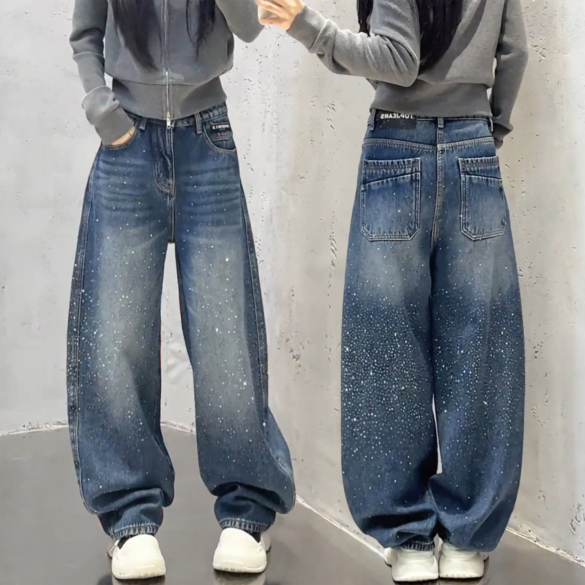 满天星烫钻牛仔裤女春季2026新款弯刀阔腿裤大码胖mm显瘦直筒裤子