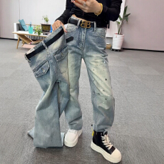 批发涂鸦直筒牛仔裤女2026春季新款爆款大码胖mm显瘦梨型身材阔腿裤子