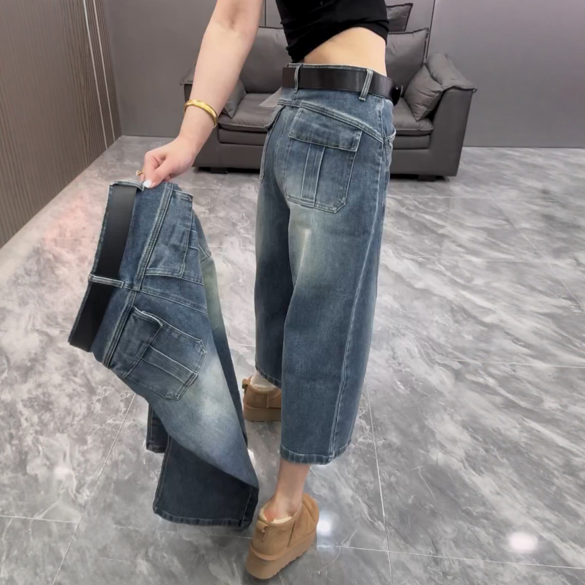 2026春季新款梨型身材高腰显瘦百搭款直筒阔腿裤女后兜八分牛仔裤