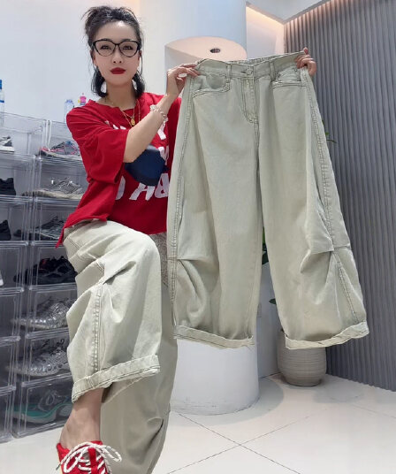 빅 사이즈 8 점 청바지 여성 여름 새로운 루즈핏 슬림해 보이는 와이드 레그 팬츠 배 종류 몸 하이웨이스트 다용도 풍선 바지