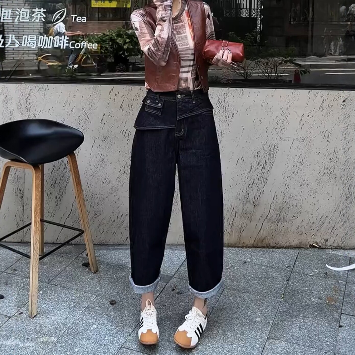 BY32747# 秋季新款梨型身材高腰设计宽松复古阔腿九分牛仔裤女大码胖mm 服裝批發女裝批發服飾貨源