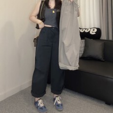 批发高腰抽绳九分<b class='q'>休闲</b>裤女2026秋季新款大码胖mm宽松显瘦工装直筒裤子