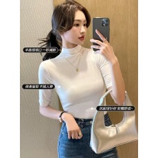批发半高领<b class='q'>中袖</b>t恤女打底衫内搭2025新款春秋修身高级感五分短袖上衣