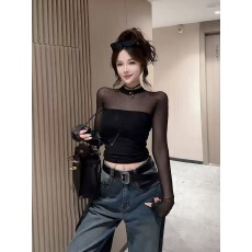 批发纯欲<b class='q'>长袖</b>T恤女装2025秋季新款拼接网纱小个子修身显瘦打底衫上衣
