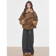 批发10.7新品 WESTAYONE毛领加厚毛呢大衣外套女士小个子高级