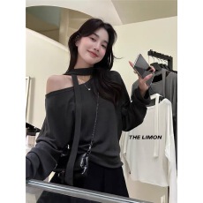 批发THE LEMON十三行女装韩系<b class='q'>宽松</b>斜肩挂脖飘带露肩上衣气质打底衫秋